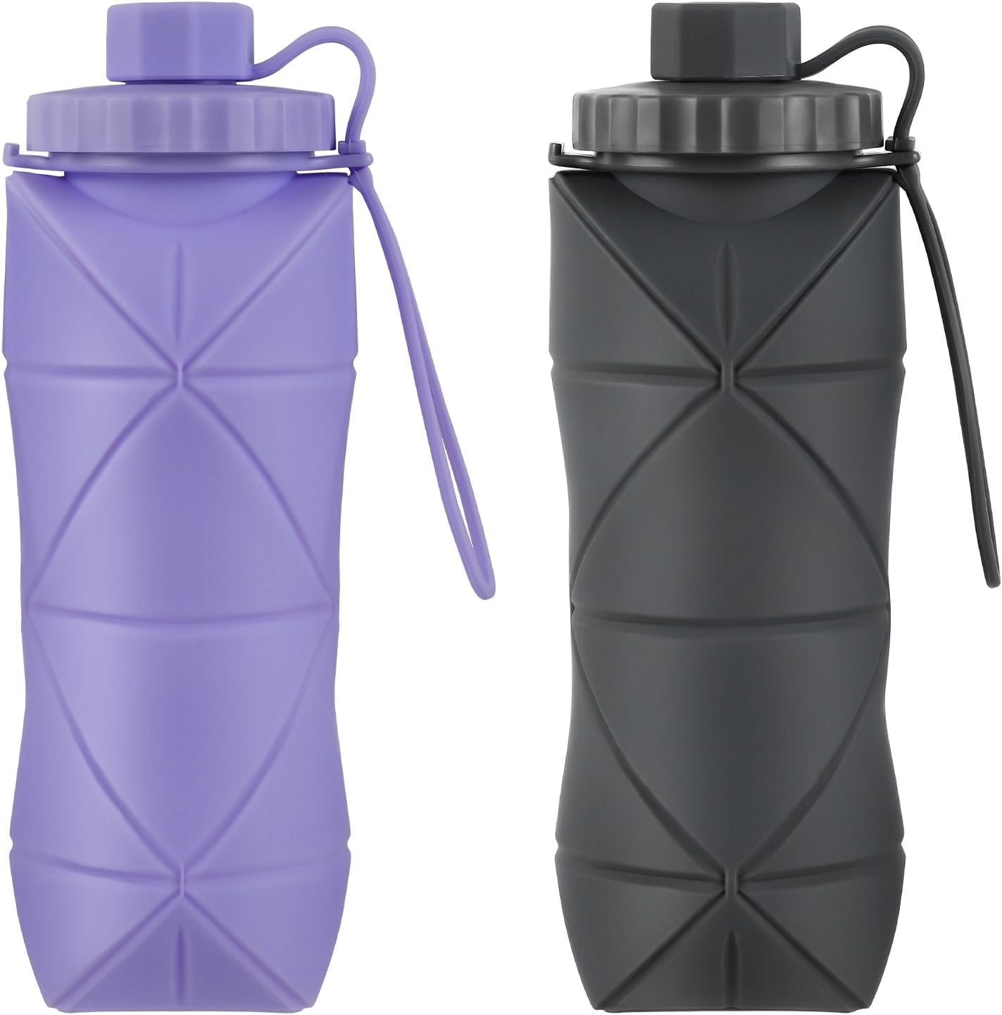 YCT Collapsible Silicone Travel Water Bottle 20oz (600ml), Reuseable Leakproof BPA Free Foldable Sports Bottle, with Carrying Strap, Dark Gray + Purple