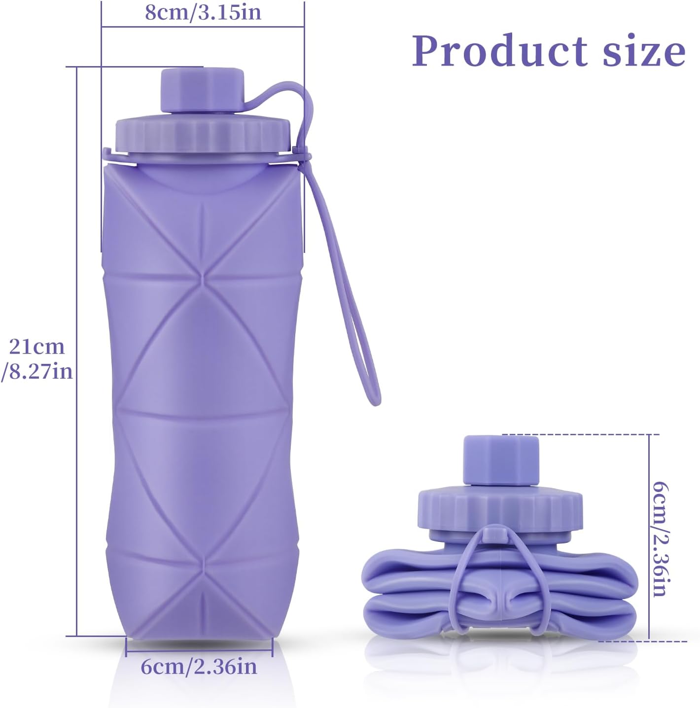 YCT Collapsible Silicone Travel Water Bottle 20oz (600ml), Reuseable Leakproof BPA Free Foldable Sports Bottle, with Carrying Strap, Dark Gray + Purple - Image 5